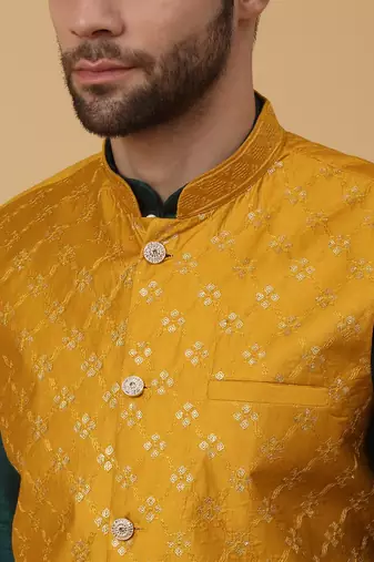 Men's green kurta and churidar with sequenced cotton silk nehru jacket
