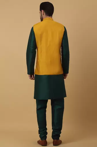 Men's green kurta and churidar with sequenced cotton silk nehru jacket