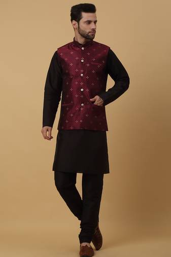Men's black kurta and churidar with jacquard floral nehru jacket