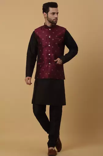 Men's black kurta and churidar with jacquard floral nehru jacket