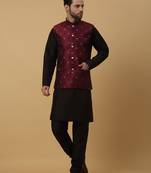 Men's black kurta and churidar with jacquard floral nehru jacket