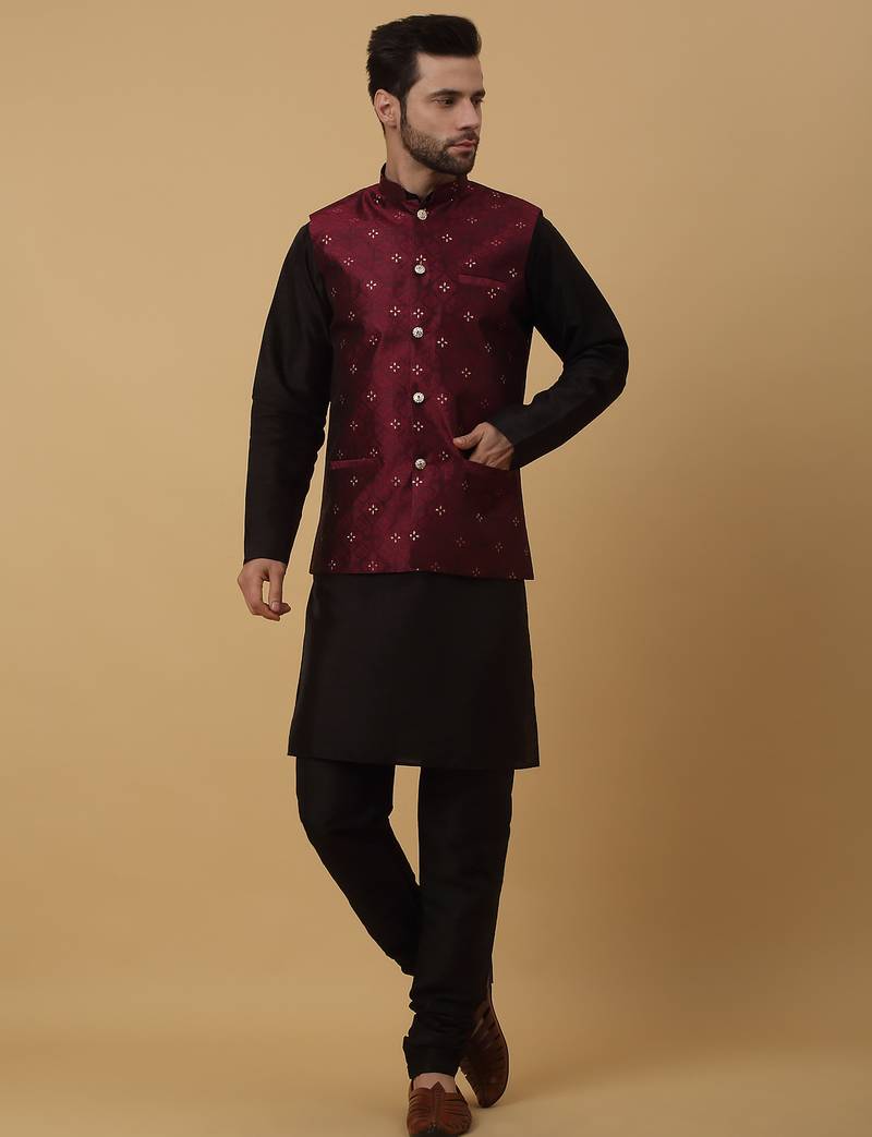 Men's black kurta and churidar with jacquard floral nehru jacket
