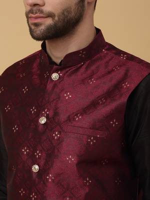 Men's black kurta and churidar with jacquard floral nehru jacket 2