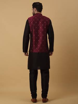 Men's black kurta and churidar with jacquard floral nehru jacket 3