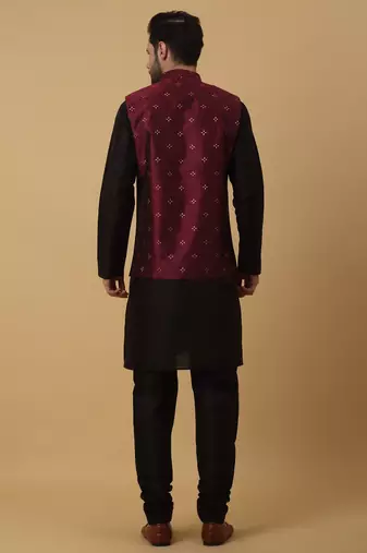 Men's black kurta and churidar with jacquard floral nehru jacket