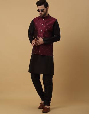 Men's black kurta and churidar with jacquard floral nehru jacket 4
