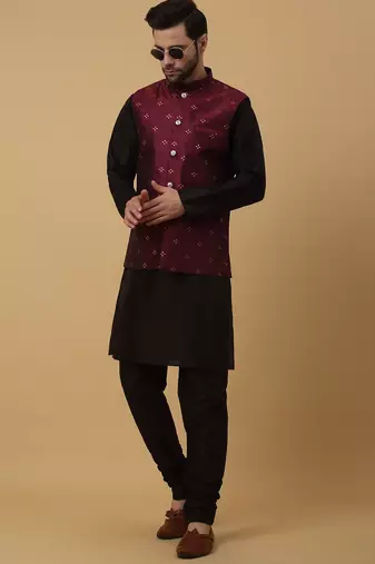 Men's black kurta and churidar with jacquard floral nehru jacket