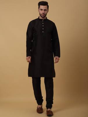 Men's black kurta and churidar with jacquard floral nehru jacket 5