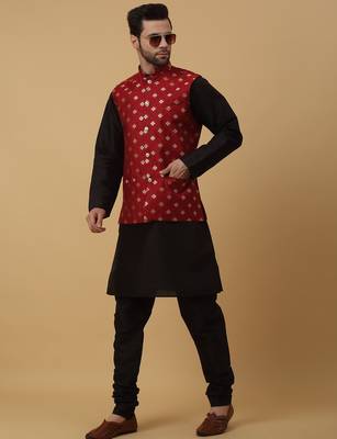 Men's black kurta and churidar with jacquard ethnic nehru jacket 1