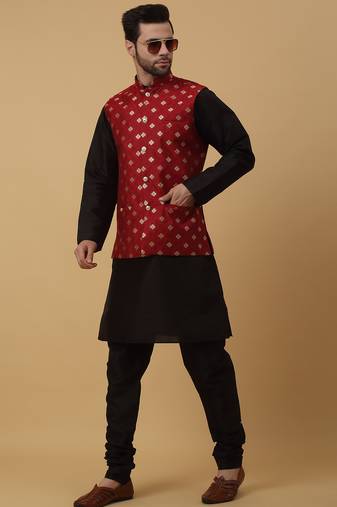 Men's black kurta and churidar with jacquard ethnic nehru jacket