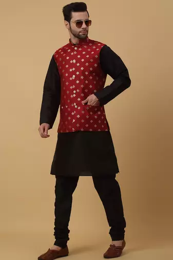 Men's black kurta and churidar with jacquard ethnic nehru jacket