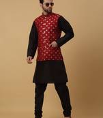 Men's black kurta and churidar with jacquard ethnic nehru jacket