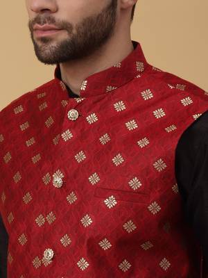 Men's black kurta and churidar with jacquard ethnic nehru jacket 2
