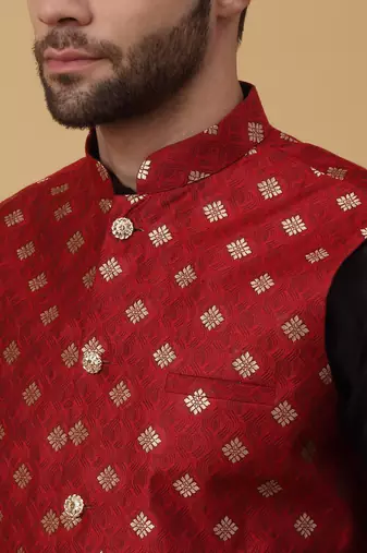 Men's black kurta and churidar with jacquard ethnic nehru jacket