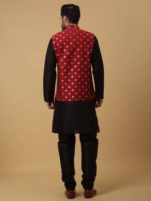 Men's black kurta and churidar with jacquard ethnic nehru jacket 3