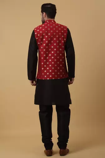 Men's black kurta and churidar with jacquard ethnic nehru jacket