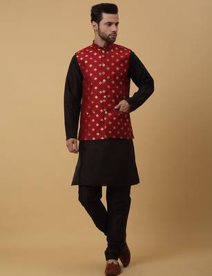 Men's black kurta and churidar with jacquard ethnic nehru jacket 4