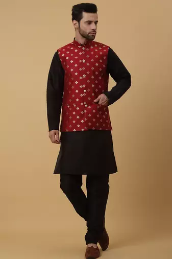 Men's black kurta and churidar with jacquard ethnic nehru jacket