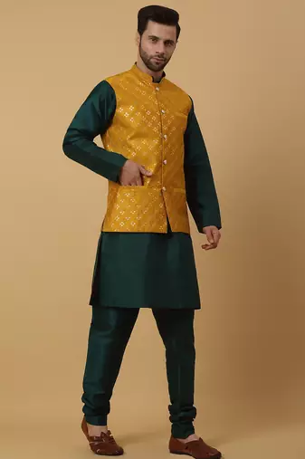 Men's green kurta and churidar with sequenced cotton silk nehru jacket