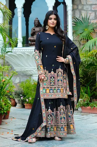 Black Pure Chinnon Silk Top-Sharara Set with Intricate Embroidery and Sequence Work