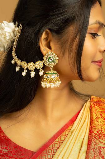 Kundan jhumka with ear kundan chain