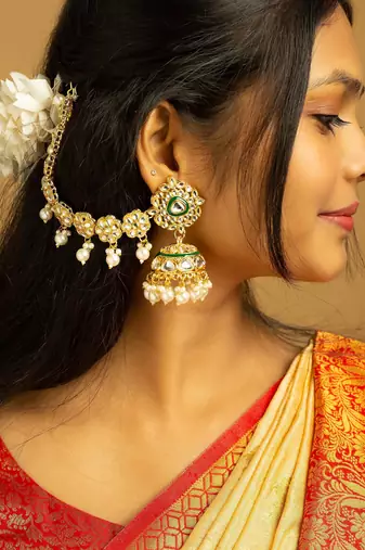 Kundan jhumka with ear kundan chain