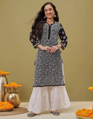 Hand embroidered black and white georgette lucknowi chikankari indian straight kurta with palazzo 1