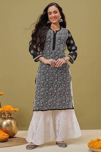 Hand embroidered black and white georgette lucknowi chikankari indian straight kurta with palazzo