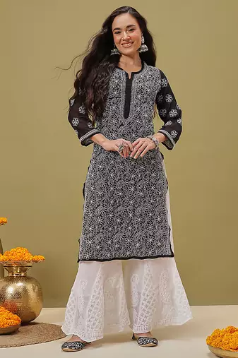 Hand embroidered black and white georgette lucknowi chikankari indian straight kurta with palazzo