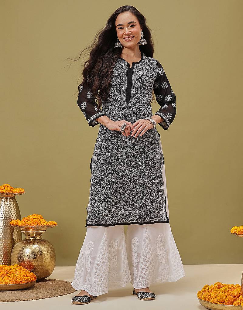 Hand embroidered black and white georgette lucknowi chikankari indian straight kurta with palazzo