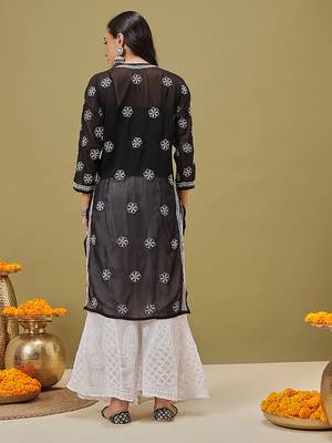Hand embroidered black and white georgette lucknowi chikankari indian straight kurta with palazzo 2