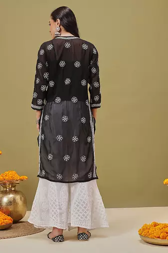 Hand embroidered black and white georgette lucknowi chikankari indian straight kurta with palazzo