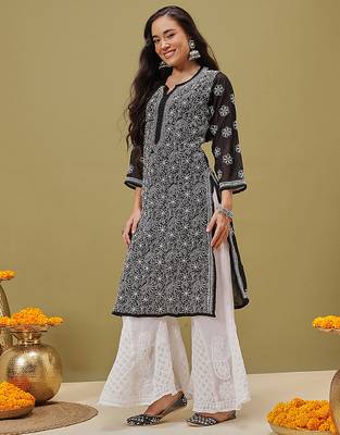 Hand embroidered black and white georgette lucknowi chikankari indian straight kurta with palazzo 3