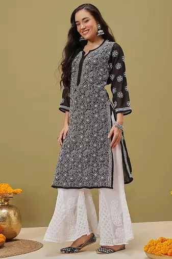 Hand embroidered black and white georgette lucknowi chikankari indian straight kurta with palazzo