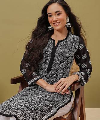 Hand embroidered black and white georgette lucknowi chikankari indian straight kurta with palazzo 4