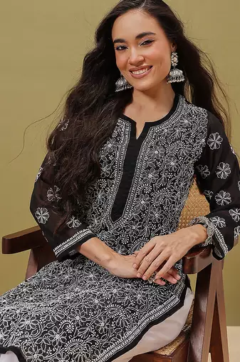 Hand embroidered black and white georgette lucknowi chikankari indian straight kurta with palazzo