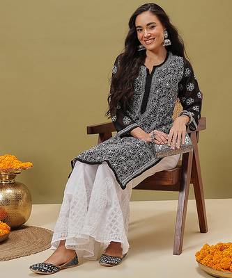 Hand embroidered black and white georgette lucknowi chikankari indian straight kurta with palazzo 5