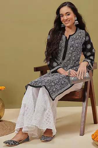 Hand embroidered black and white georgette lucknowi chikankari indian straight kurta with palazzo