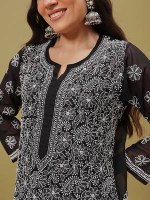 Hand embroidered black and white georgette lucknowi chikankari indian straight kurta with palazzo 6