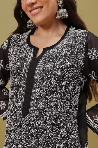 Hand embroidered black and white georgette lucknowi chikankari indian straight kurta with palazzo