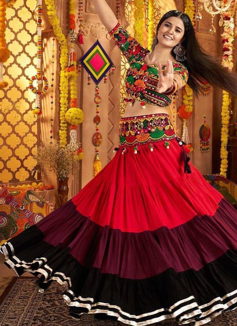 multicolor Viscose Cotton Multi Thread Mirror Work Navratri fully stitched lehenga choli