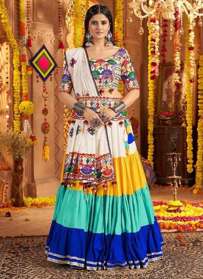 multicolor Viscose Cotton Thread Embroidered Mirror Work Navratri fully stitched lehenga choli