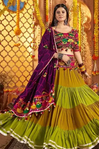multicolor Viscose Cotton Multi Thread Mirror Work Navratri fully stitched lehenga choli
