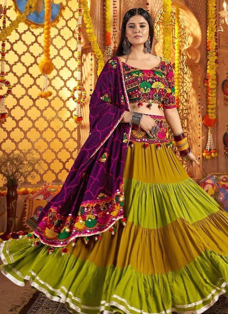 multicolor Viscose Cotton Multi Thread Mirror Work Navratri fully stitched lehenga choli