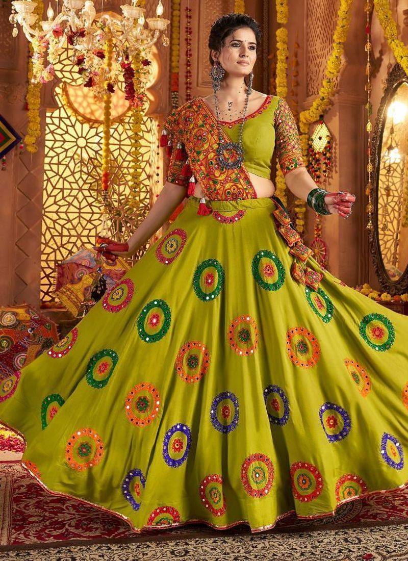 parrot green Viscose Cotton Thread Embroidered Mirror Work Navratri fully stitched lehenga choli
