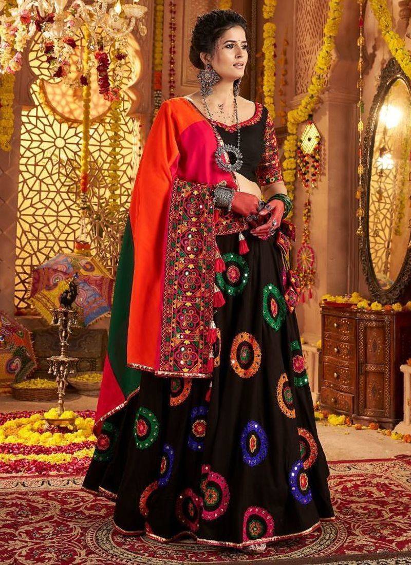 black Viscose Cotton Thread Embroidered Mirror Work Navratri fully stitched lehenga choli