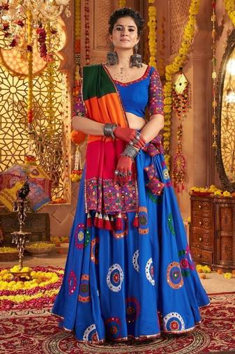 royal blue Viscose Cotton Thread Embroidered Mirror Work Navratri fully stitched lehenga choli