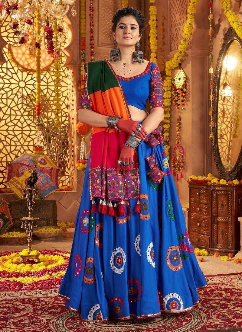 royal blue Viscose Cotton Thread Embroidered Mirror Work Navratri fully stitched lehenga choli