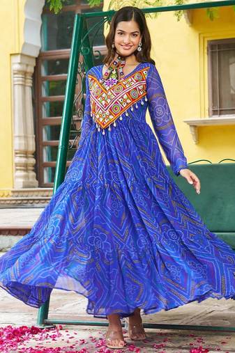 Blue Faux Georgette Badhni Print with kutchi patche work Navratri Gown