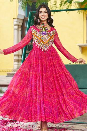 Pink faux georgette badhni print with kutchi patche work navratri gown